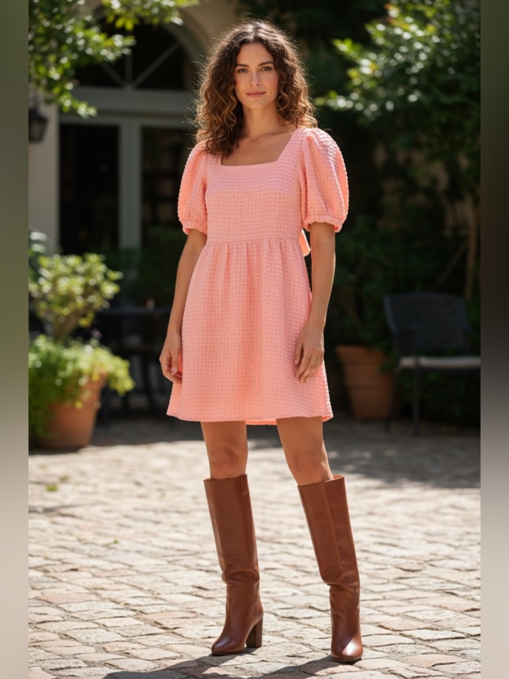 BiBi Peach Textured Square-Neck Puff-Sleeve Mini Dress